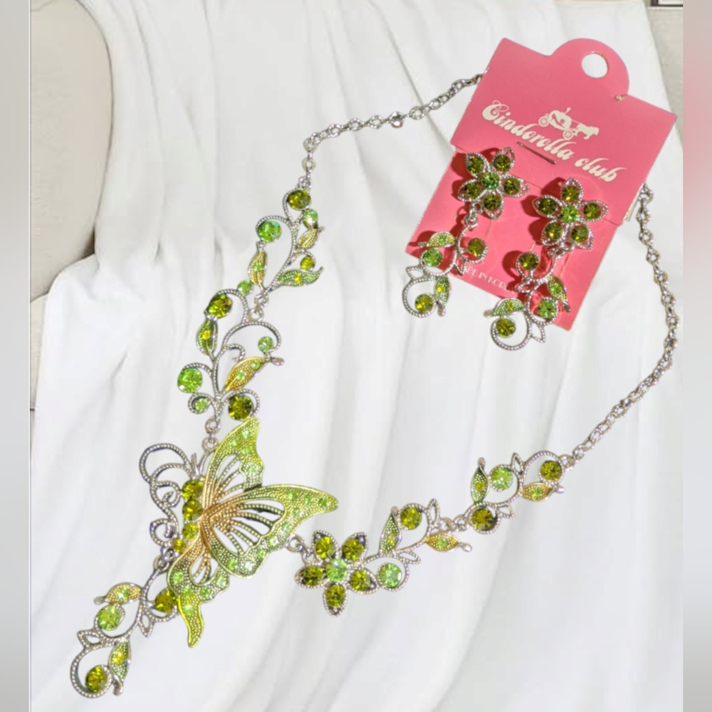 Cinderella Club ~ Green Crystal Rhinestone Butterfly Necklace and Earrings set